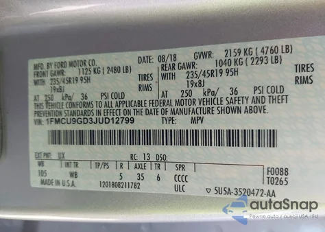 2018 Ford Escape Se from USA, damaged, VIN 1FMCU9GD3JUD12799